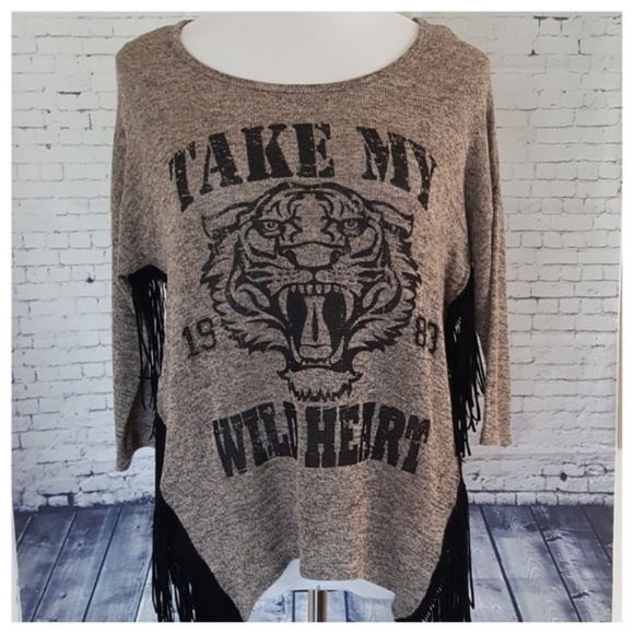 Tan Black Fringe Take My Wild Heart Graphic Tiger Print Slub Top Vintage Style - Picture 8 of 12
